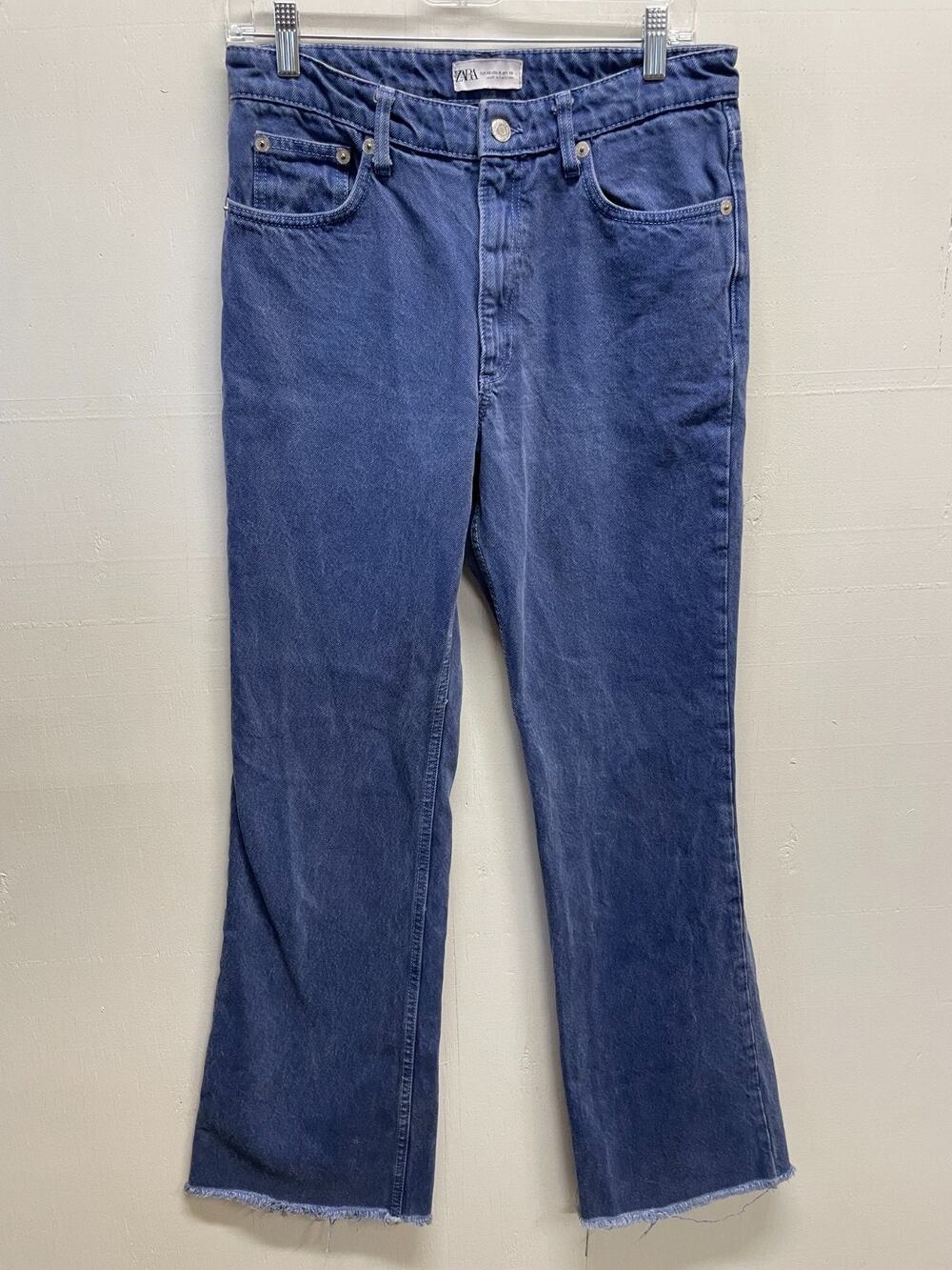 Zara Women's Denim Jeans Mid-Rise Raw Frayed Hem Size 6 Boot Cut Thick Material